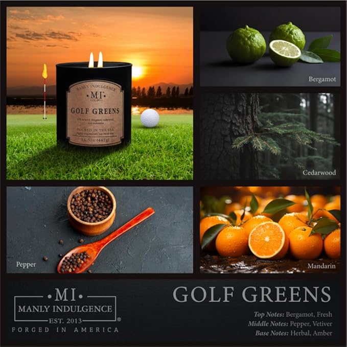 Manly Indulgence Golf Greens Scented Candles for Men, 2 Wick, 16.5 oz, Premium Soy Blend Wax, 60H Burn, Candles for Home Scented - Made in The USA