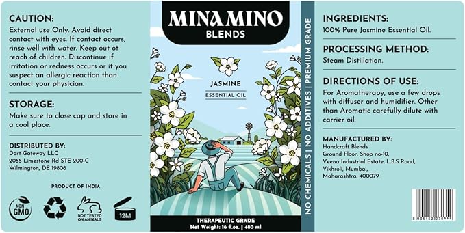 16 fl oz - Jasmine Essential Oil (100% Pure & Natural) Large Aluminum Bottle for Aromatherapy, Diffuser, Candle & Soap Making - Minamino Blends