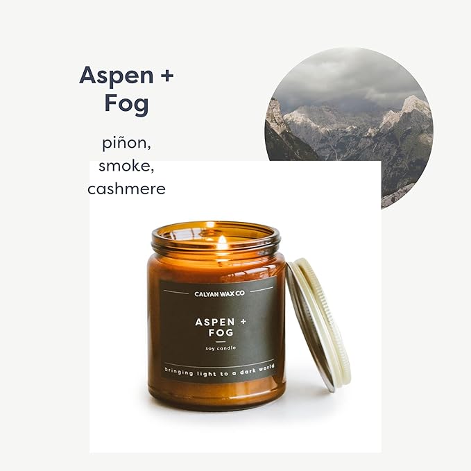 Calyan Wax Co. Aspen & Fog Scented Candle - 57 Hour Burn - Luxury Non Toxic Soy Wax Candles - Long Lasting Amber Glass Jar Candle for Home - 7.2oz