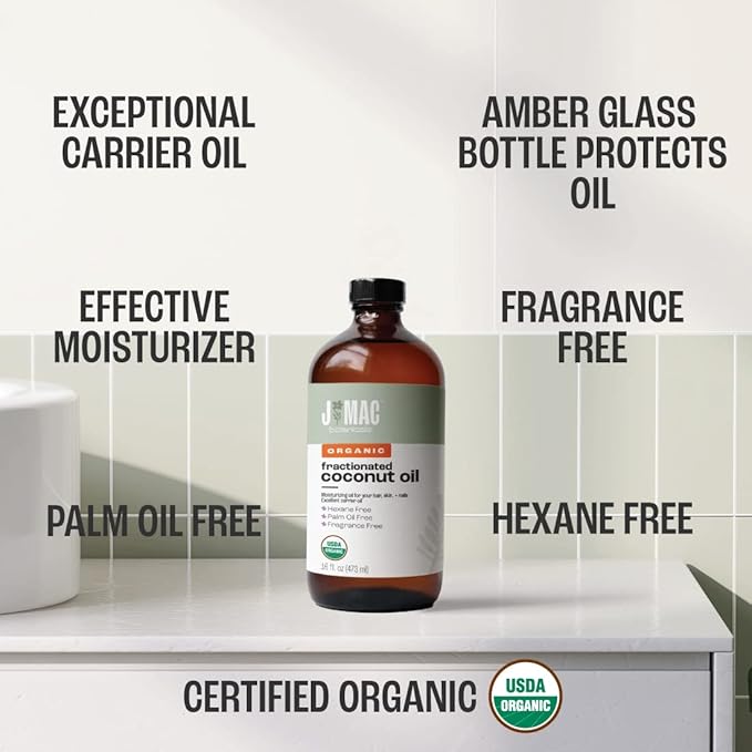 J MAC BOTANICALS Organic Fractionated Coconut Oil (16 Ounce Glass Bottle) Organic Carrier Oil and for DIluting Essential Oils, Moisturizer, Hair Care