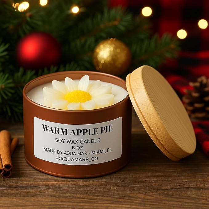 Aqua MARR Handcrafted Warm Apple Pie Soy Wax Candle, 8oz, Gold Metallic Jar with Decorative Top