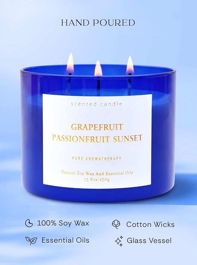 Grapefruit Passionfruit Sunset 3-Wick Scented Soy Candle, 15.8 oz | Large Tropical Citrus Candle for Home | Strong Aromatherapy Stress Relief Candles | Gift for Women & Men | Long-Lasting Clean Burn