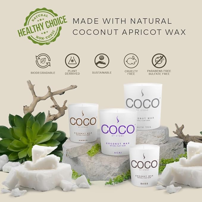 COCO by Stone 11oz Candle, Coconut Apricot Wax Candle for Home (Amber) Home Fragrance Products, 1 Wick Candle, Enhance Indoor Aroma, Vegan & Cruelty-Free, Clean Burning and Hand Poured Candle