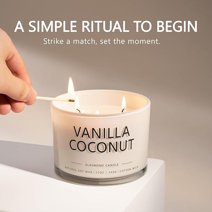 Vanilla Coconut Scented Candle, Luxury Large 3 Wick Soy Candle 12 Oz, 60+ Hour Long Lasting Clean Burn, Elegant Aromatherapy Home Decor, Housewarming & Birthday Gift for Men & Women
