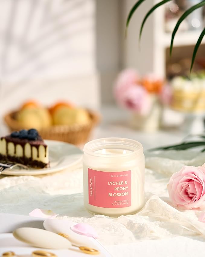 M&SENSE Lychee Peony Peach Scented Candle - 11.6oz 70 Hours Burn Non Toxic Natural Soy Wax Slow Burning Candle, 2-Wick Fruity Scent Gifts for Mom & Stress Relief Relaxing