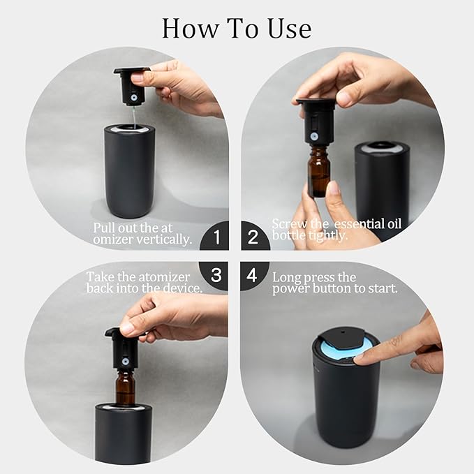 Waterless Diffuser for Essential Oil, Rechargeable Mini Fragrance Scent Air Machine, 3-Color Ambient Night Light, Aluminum, 0.51 Oz/15mL, 3 Countdown Timers & 3 Mist Levels for Home, Car, Titanium