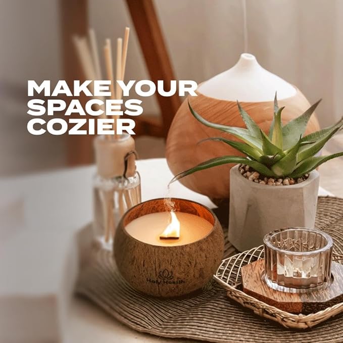 Holy Health® Coconut Scented Candle – Orange – Handmade in Natural Coconut Shell with Natural Wood Wick – Sweet & Energizing Aroma – Real Coconut Wax. Free Holy Health® Totebag.