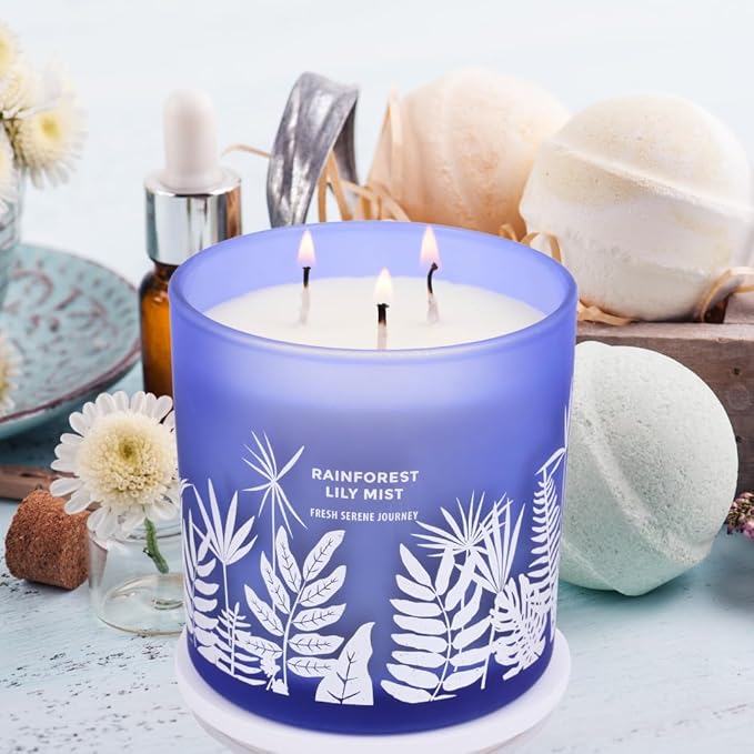 Rainforest Lily Mist 3-Wick Soy Scented Candle, 14.5 oz | Fresh Rain & Marine Scent with Jasmine, Apple, Lily & Cedar | Aromatherapy Candle for Home, Long-Lasting Clean Burn