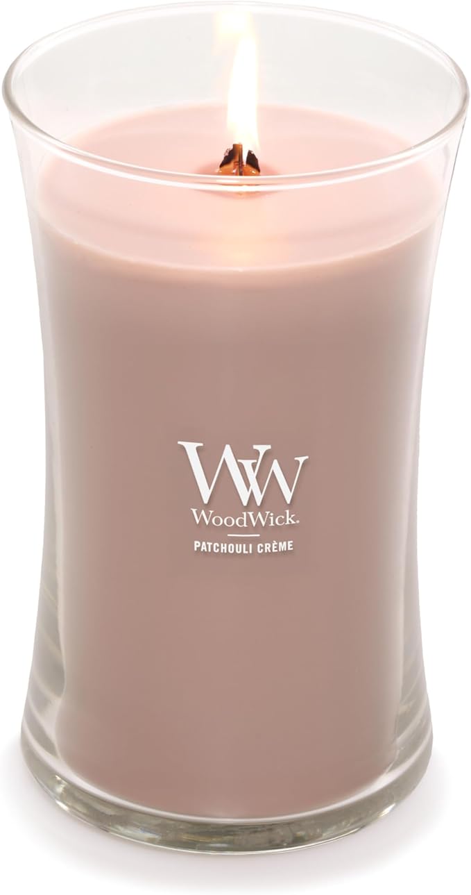 WoodWick Patchouli Crème Gifts for Women and Men, 21.5 oz Large Hourglass Candle with Crackling Wick