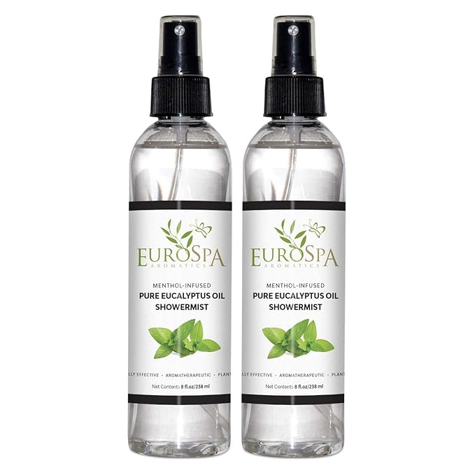 EuroSpa Aromatics Pure Eucalyptus Oil ShowerMist and Steam Room Spray, All-Natural Premium Aromatherapy Essential Oils - Menthol Infused, 8oz, 2 Pack