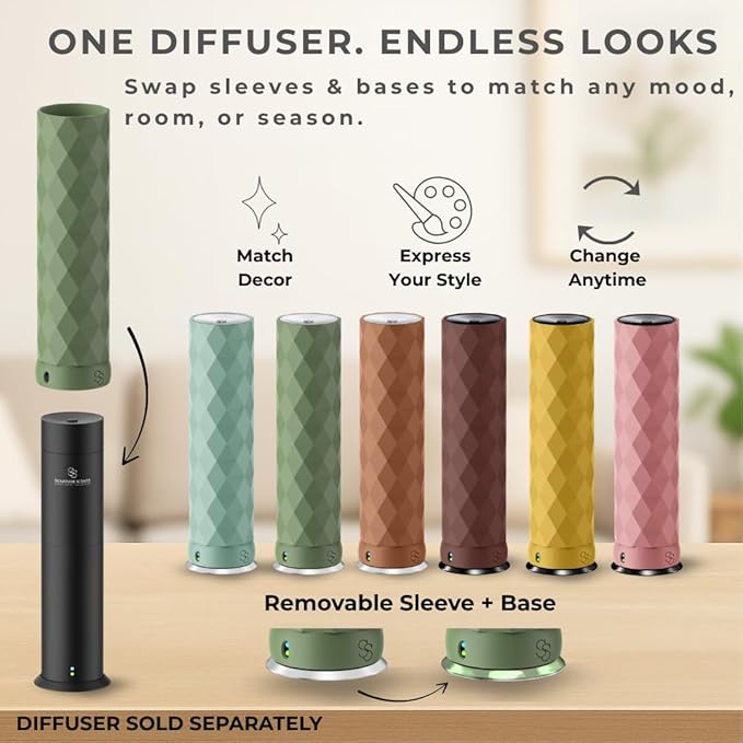 Waterless Essential Oil Hotel Scent Diffuser - Cold Air Diffuser - Covers 1000 sq. ft. - Waterless Diffuser for Home, Office & Hotel (Black + Interchangeable Sleeve) (Black + Teakwood Sleeve)