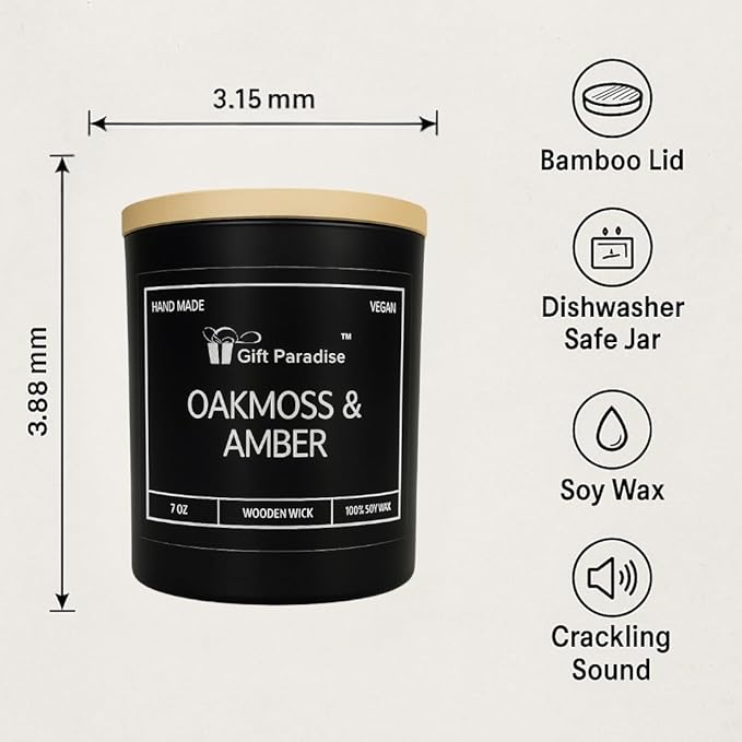 Oakmoss & Amber Gift Paradise 7 oz Soy Wax Candle with Wood Wick and Premium Wooden Gift Box – Handcrafted Vegan Candle, Non-Toxic, Long Burn, Earthy & Warm Aromatherapy Candle for Home & Gifting