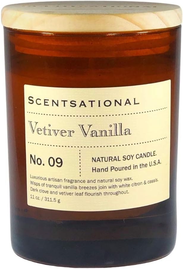 Scentsational Candles | Vetiver Vanilla No. 09 | Apothecary Collection | Luxury Scented Soy Jar Candle | Hand Poured in The USA | Highly Scented & Long Lasting | 11 Oz.