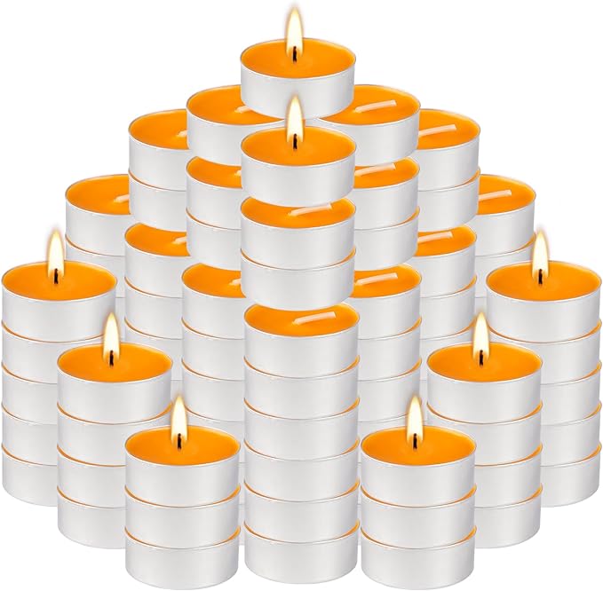 100 Pack Scented Tealight Candles 4 Hours, Winter Orange Aromatherapy Candles for Votive Home, Wedding Holiday and Emergency (Orange)