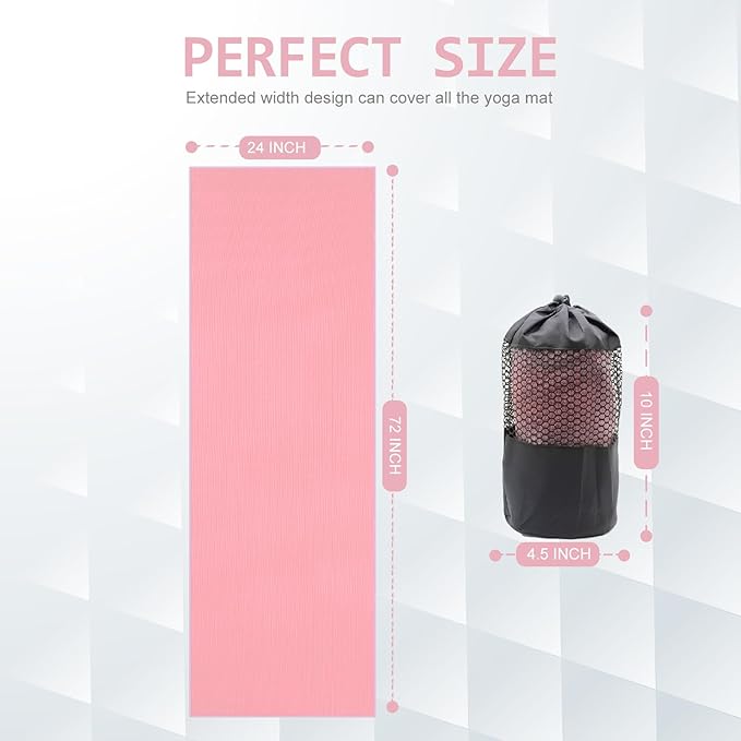 Eunzel Yoga Towel,Hot Yoga Mat Towel with Grip Dots Sweat Absorbent Non-Slip for Hot Yoga, Pilates and Workout 24" x72", Pink