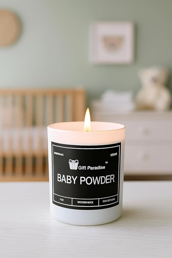 Baby Powder Soy Candle by Gift Paradise – 7 oz Wooden Wick, Nostalgic Fresh Scent, Non-Toxic Clean Burn, Amber Glass Jar, Handmade Gift for Home, Baby Shower, or Relaxation
