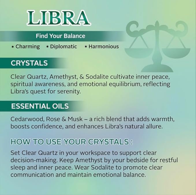 Luxury Glass Jar Candle, Libra Zodiac Sign, 8.8 oz - Crystal Infused - Scents of Marine, Rose, Cedar & Soft Musk - USA Made, Coconut-Soy Wax, Essential Oils, Dr. Developed