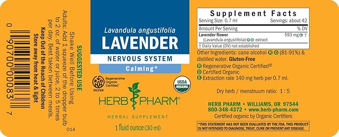 Herb Pharm Certified Organic Lavender Flower Liquid Extract for Calming Nervous System Support, 1 Fl Oz