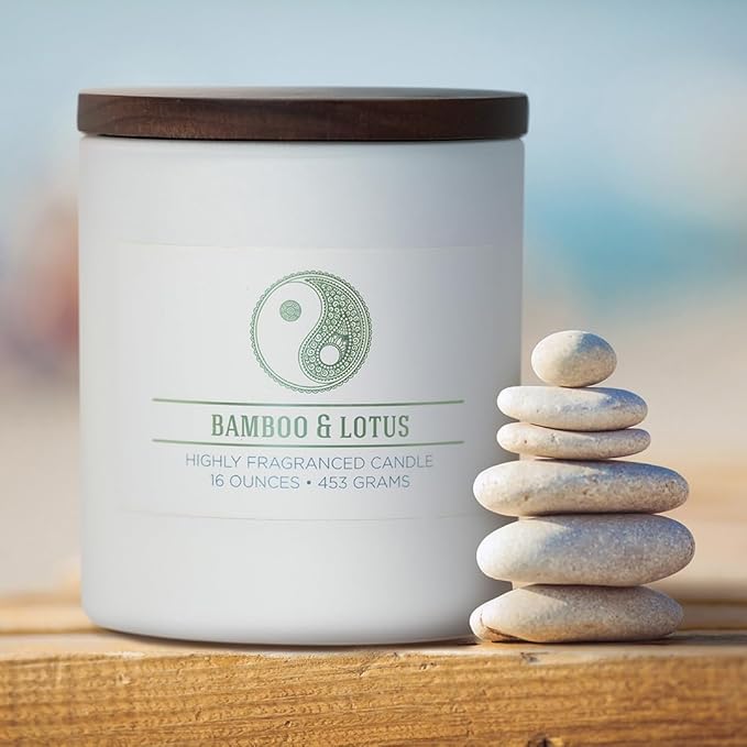 Carolina Bamboo Lotus Scented Candle, 16 oz Wellness Relaxing Aromatherapy Candle, 2 Wick White Jar Soy Blend Wax, Candles for Home, 60H Burn - Made in The USA