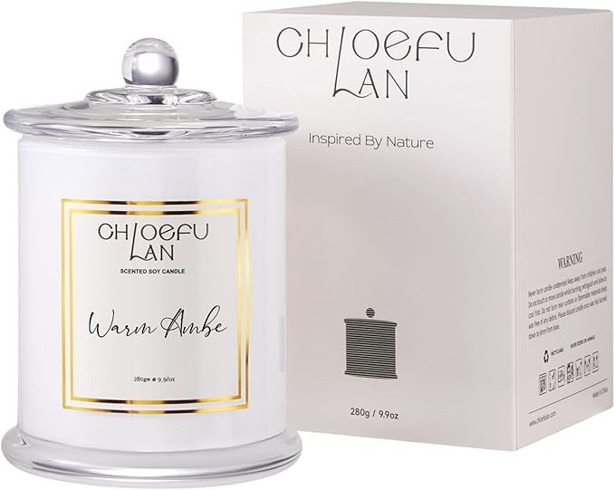 Chloefu LAN Warm Amber Candle, Scented Candles Gifts for Women & Men, Amber Oil, Cotton Wick, Natural Soy Wax for Clean Burning, Luxury Home Decor, Non-Toxic, Glass Jar Candle, 70 Hour Burn, 10 oz