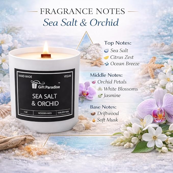 Sea Salt & Orchid Scented Candle – 7 oz Natural Soy Wax Candle with Wooden Wick & Wooden Gift Box, Fresh Ocean & Floral Aromatherapy Candle for Self-Care, Valentine’s Day & Spring-Summer