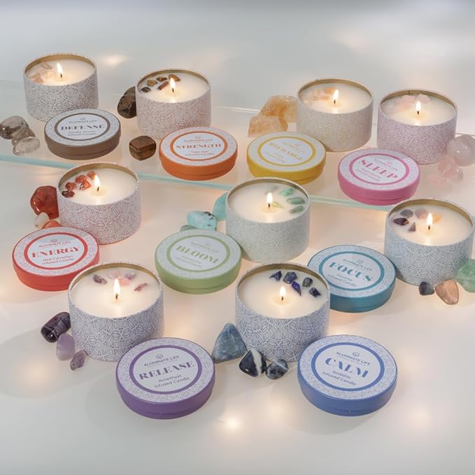 Luxury Candle Tin, 6 OZ, Bloom - Amazonite Crystal Infused - Scents of Lavender, Neroli, and Jasmine - Hope, Discovery, & Growth - Coconut Wax, Essential Oils, Dr. Developed