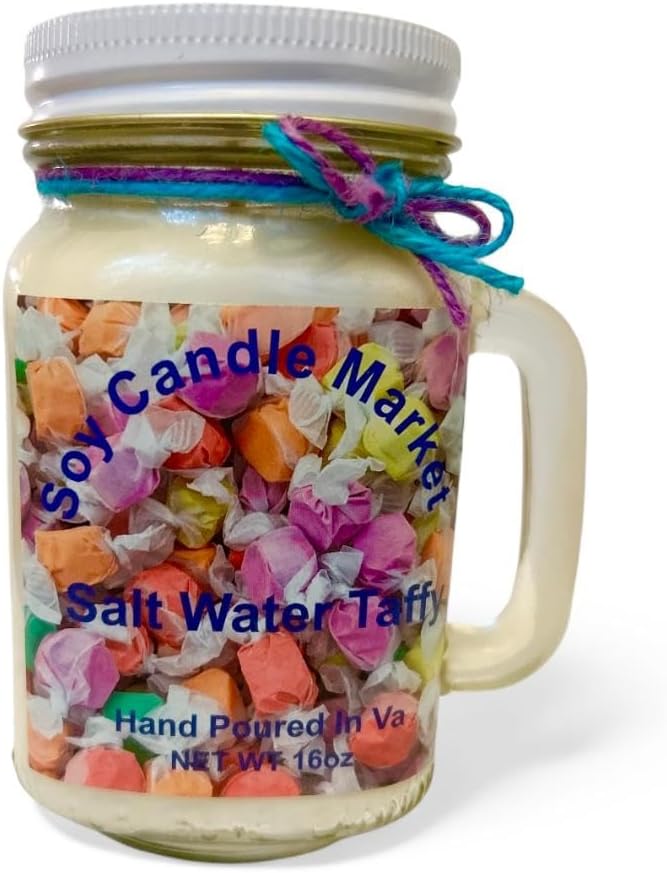 Soy Scented Candles | Handmade & Highly Aromatic Candles Burns Upto 85 Hours in Glass Jar - Perfect for Home Decor, Wedding, Birthday, Dinner (Salt Water Taffy, 12 oz)