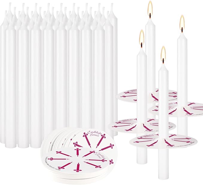50 Church Candles with Drip Protectors for Devotional Candlelight Vigil Service, Box of 50 Candles, Unscented White 5" H X 1/2" D, No Smoke