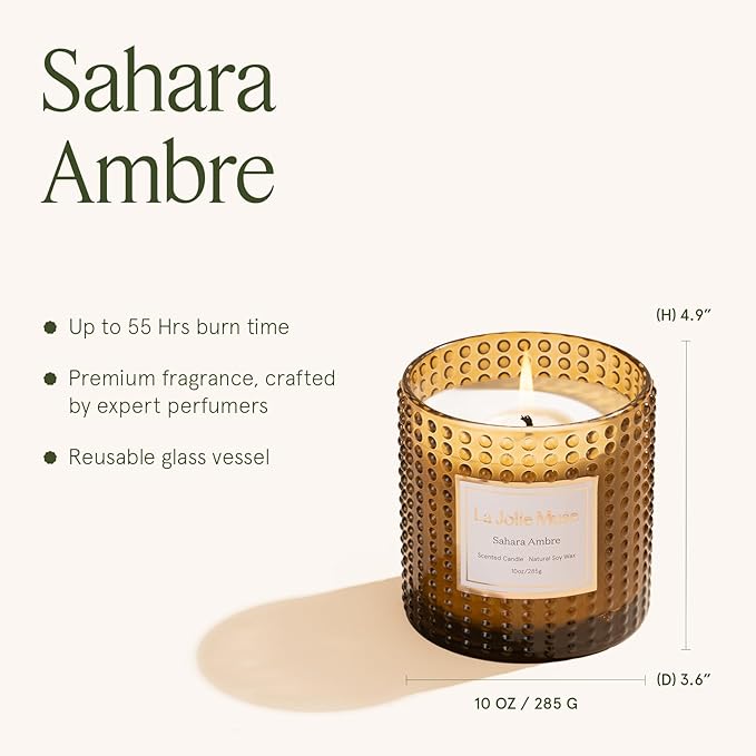 LA JOLIE MUSE Sahara Amber Scented Candle | Bergamot, Clove & Amber | 10 oz Soy Candle | Natural Soy Wax | 55 Hours Clean Burn | Gift-Ready for Cozy Nights | Elevated Home Décor