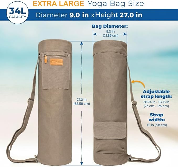 UDANA Yoga Mat Bag – Heavy Duty Canvas Carrier with 3 Pockets & Full Zip – Available in 3 Sizes (16L, 18L, 34L) - Multiple Colors