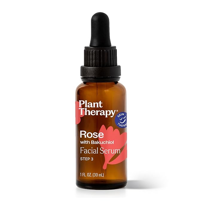 Plant Therapy Rose with Bakuchiol Facial Serum 1 oz with Rose Extract, Rosehip Seed Oil, and Carrot Seed Oil, Reduces the Appearance of Fine Lines & Wrinkles
