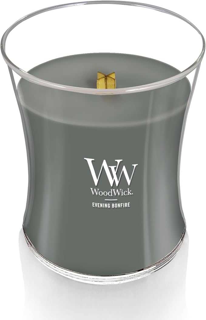 WoodWick Evening Bonfire Holiday Candle Gifts for Women and Men, 9.7 oz Medium Hourglass Candle with Crackling Wick