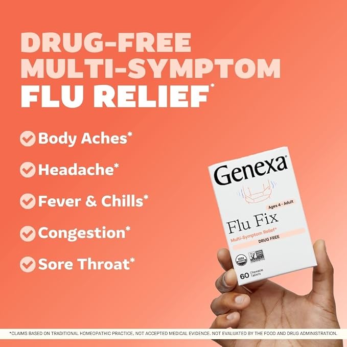 Genexa Flu Fix | Multi-Symptom Flu Remedy for Kids & Adults | Delicious Organic Acai Berry Flavor | Certified Organic & Non-GMO | Homeopathic Remedy Made Clean | 180 Chewable Tablets (3 Pack)