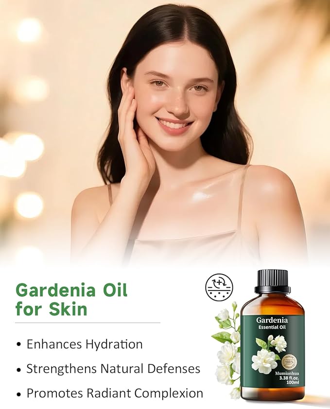 Gardenia Essential Oil, Pure Gardenia Oil Mumianhua Natural Aroma Oil for Reed Diffuser, Air Freshener, Skin, Massage, Hair, Laundry & Women's Perfume, Soap, Candles Making 3.38 Fl Oz