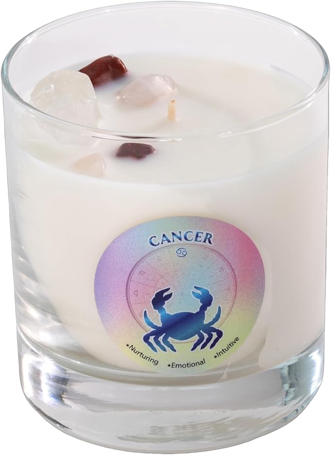 Luxury Glass Jar Candle, Cancer Zodiac Sign, 8.8 oz - Crystal Infused - Scents of Lime, Coconut, Driftwood & Vanilla - USA Made, Coconut-Soy Wax, Essential Oils, Dr. Developed