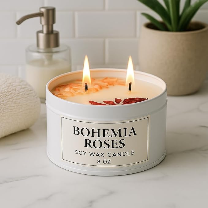 Aqua MARR Handcrafted Bohemia Roses Soy Wax Candle, 8 oz Dual-Wick Soy Candle with Dried Rose Petals, White Metal Container