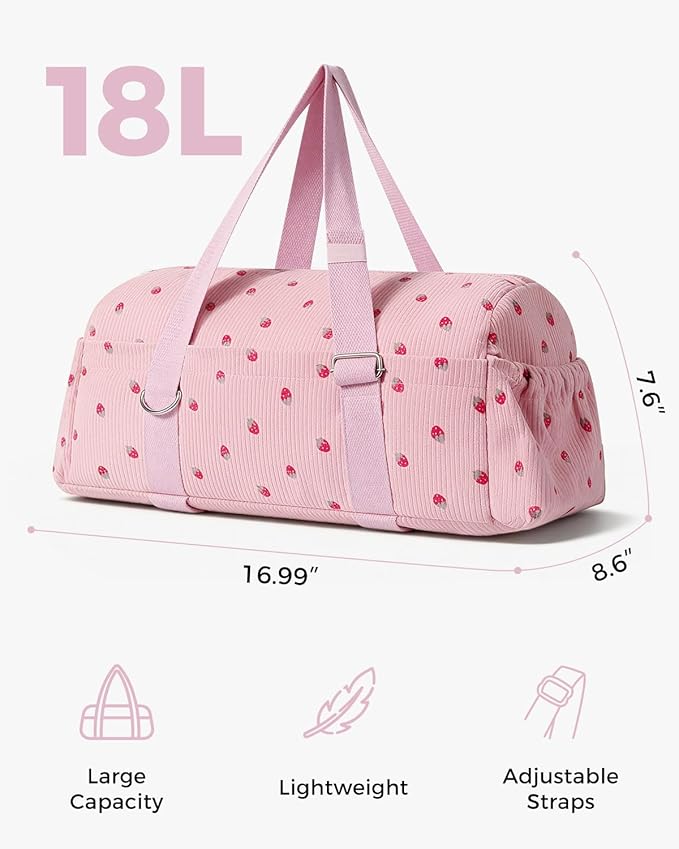 Hihealer Strawberry Gym Bag for Women & Girls, Corduroy Yoga Mat Bag with Holder, Large Capacity Dance Duffel Bag for Pilates, Travel Weekender Bag with Wet Pocket