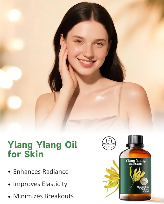 Mumianhua 100% Pure Ylang Ylang Essential Oil Natural Ylang Ylang Oil for Diffuser, Perfumes, Aromatherapy, DIY,Skin, Hair, Candle, Soap Making 3.38 Fl Oz