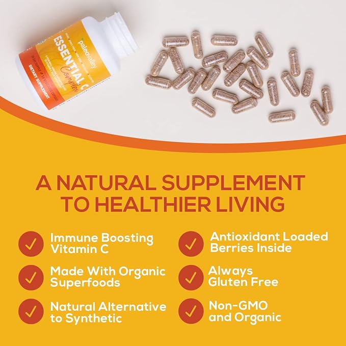 Paleovalley Essential C Complex - Vitamin C Supplement for Immune Support - 1 Pack, 450mg - Organic Superfoods Unripe Acerola Cherry, Camu Camu, Amla Berry - No Synthetic Ascorbic Acid - USA Made