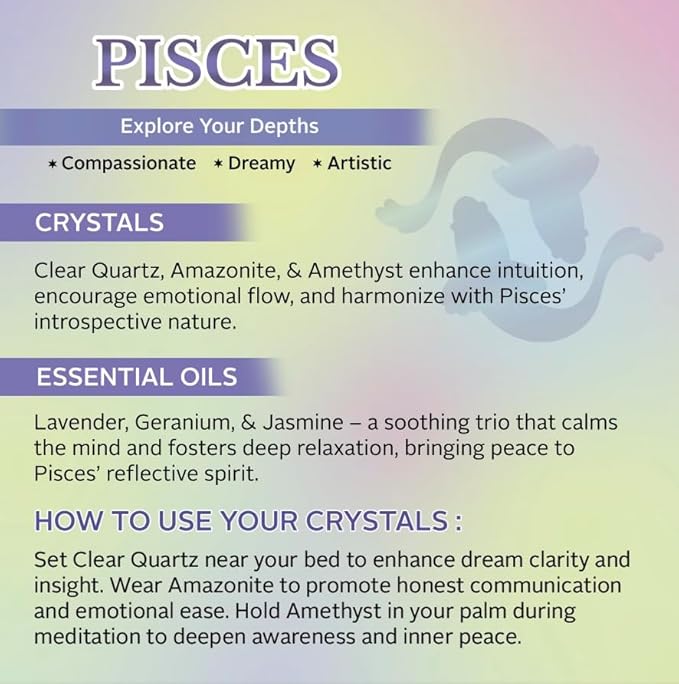 Luxury Glass Jar Candle, Pisces Zodiac Sign, 8.8 oz - Crystal Infused - Scents of Watery Greens, Ozone, Florals, & Sweet Musk - USA Made, Coconut-Soy Wax, Essential Oils, Dr. Developed