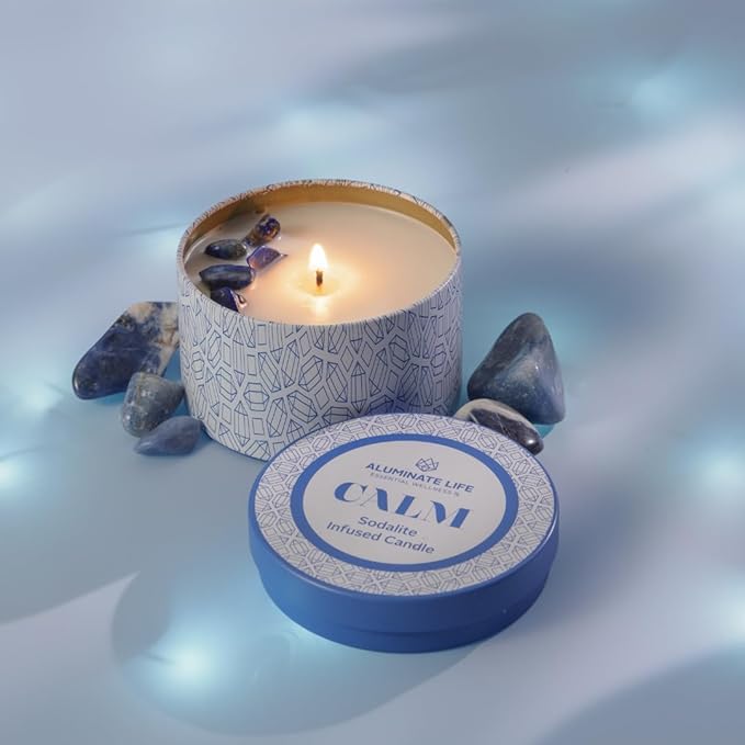 Luxury Candle Tin, 6 OZ, Calm - Sodalite Healing Crystal Infused - Scents of Chamomile, Howood, & Sage - Destress, Insight, Serenity, & Peace - Coconut Wax, Essential Oils