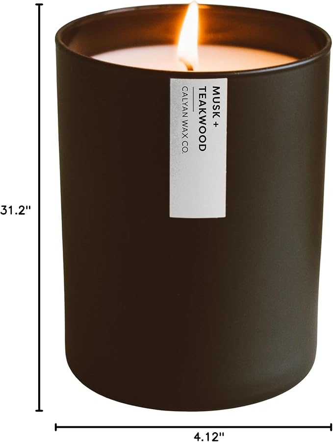 Calyan Wax Co. Musk & Teakwood Scented Candle - 75 Hour Burn - Luxury Non Toxic Soy Wax Candles - Long Lasting Black Tumbler Jar Candle for Home - 10.2oz