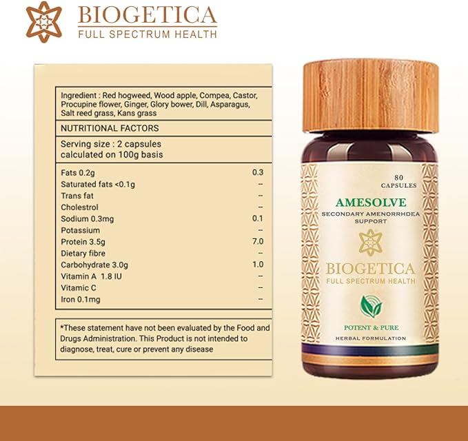 Biogetica Amesolve Herbal Support for Secondary Amenorrhoea with Punarava and Asparagus Racemose - Helps Regulates The Menstrual Cycle - Non-GMO - 100% Vegan Ayurveda Supplement - 80 Capsules