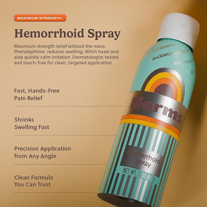 Norms Cooling Hemorrhoid Spray, Maximum Strength Touch-Free Relief with Phenylephrine, Witch Hazel, Aloe, Shrinks Swelling, Calms Itching, Soothes on Contact, 3oz Spray