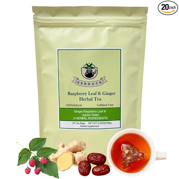 Gerduck Raspberry Leaf & Ginger Tea for Women with Jujube Red Dates-Sweet & Spicy,Traditional Herbal Tea, Postpartum Essentials,Organic,Caffeine Free,Non-GMO,20 Tea Bags