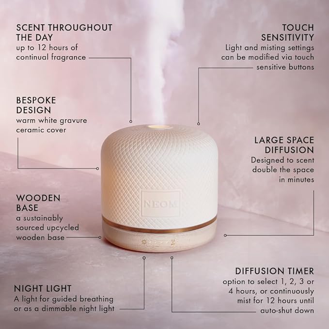 NEOM – Wellness Pod Luxe | Premium Ceramic Ultrasonic Essential Oil Diffuser, 350ml | Ceramic Cover, Remote Control, LED Light & Timer | Aromatherapy Diffuser | Home Fragrance…