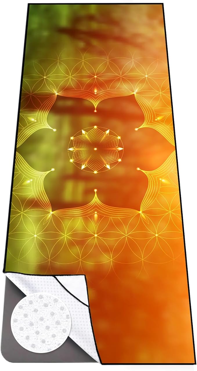 Colorful Star Yoga Towel with Corner Pockets, Non Slip Grip Dots Sweat Absorbent Hot Yoga Mat Towels, Yoga Blankets with Travel Bag, Mat Cover for Workout, Gym, Fitness - 70"x26", Geometric Flower