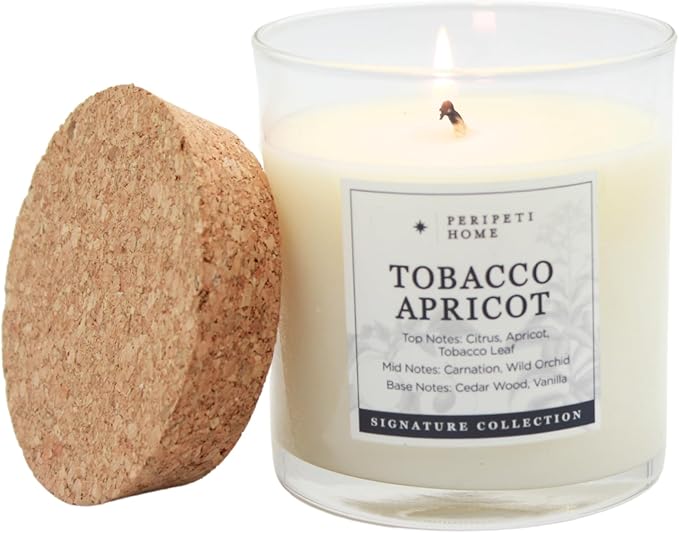 PERIPETI Home Tobacco + Apricot Scented Candle - Classic Wick, 8.5oz Natural Soy Wax for Warm & Fruity Aromatherapy - Long-Lasting Bold Fragrance for Home or Office