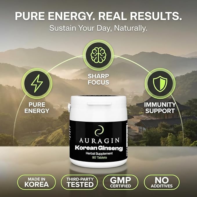 Auragin® Authentic Korean Red Ginseng – Made in Korea – 6 Year Roots – No Additives or Other Ingredients – 100% Red Panax Ginseng in Every Tablet