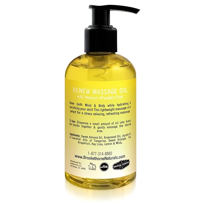 Renew Massage Oil with Orange, Lemon & Peppermint Essential Oils - Great for Massage Therapy or Home use. Ideal for Full Body – with Almond, Grapeseed & Jojoba – by Brookethorne Naturals